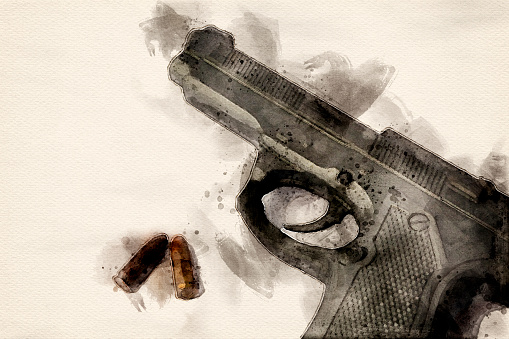 Watercolor of a Gun with Two Bullets