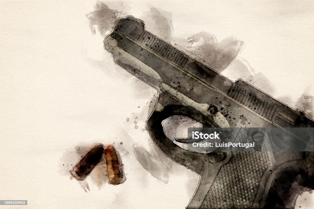 Watercolor of a Gun with Two Bullets Gun Stock Photo