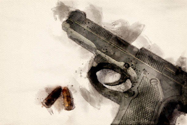 Watercolor of a Gun with Two Bullets stock photo