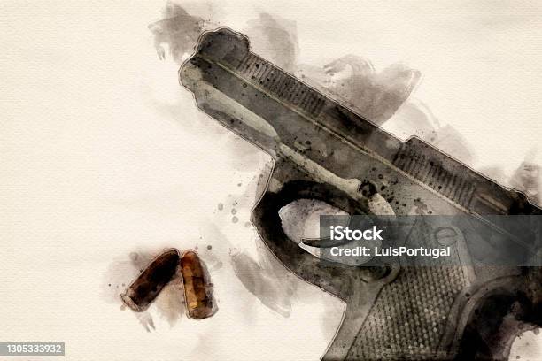 Watercolor Of A Gun With Two Bullets Stock Photo - Download Image Now - Gun, Weapon, Bullet