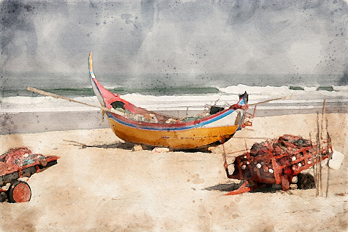 Watercolor of a Tradicional Fishing Boats in Portugal