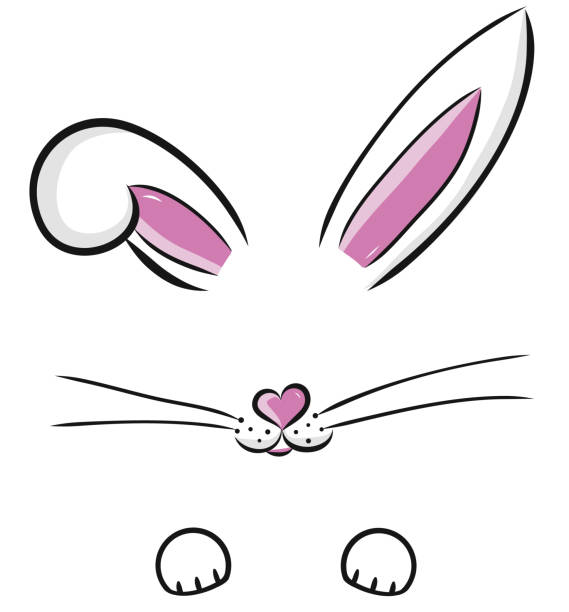 illustrations, cliparts, dessins animés et icônes de illustration mignonne de vecteur de lapin de pâques tirée par la main. visage de lapin, oreilles et museau minuscule avec des moustaches d’isolement sur le fond blanc - moustaches animales