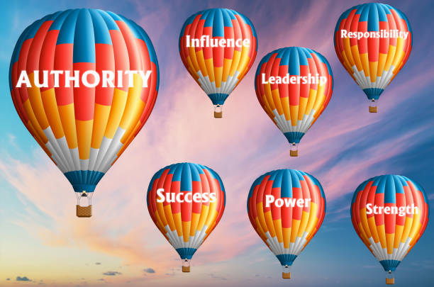 istock Hot air balloons with AUTHORITY concept. Abstract background, Thinking and Creativity. 3d illustration 1305334781