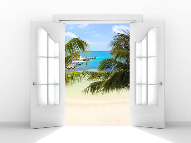 istock View of ocean through door 1305335451
