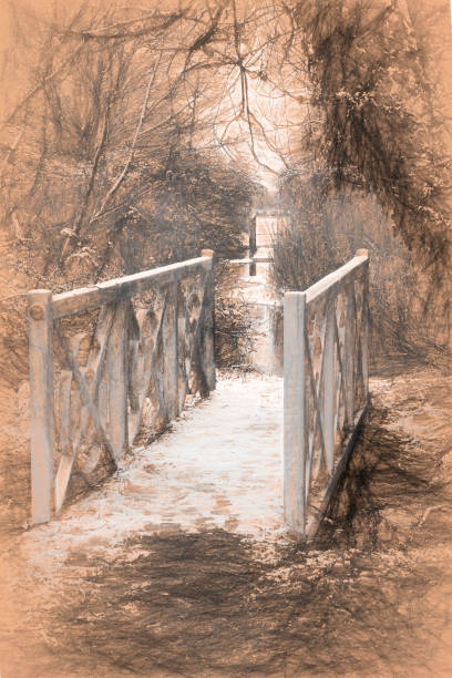 White footbridge in a snow shower White footbridge in a snow shower.  Post processed to give a pencil drawing effect. ouse river photos stock pictures, royalty-free photos & images