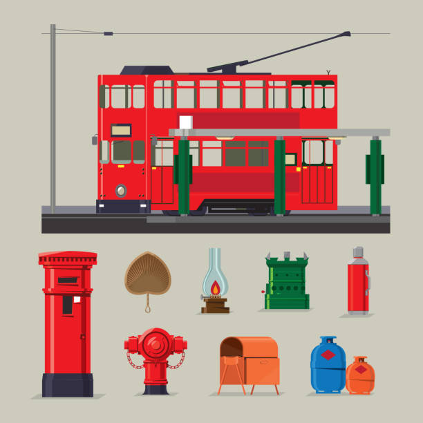 Coloured vector set of iconic vintage items of old Hong Kong Coloured vector set of iconic vintage items of old Hong Kong including tram, postbox, fire hydrant and petroleum gas cylinders. kerosene fuel stock illustrations