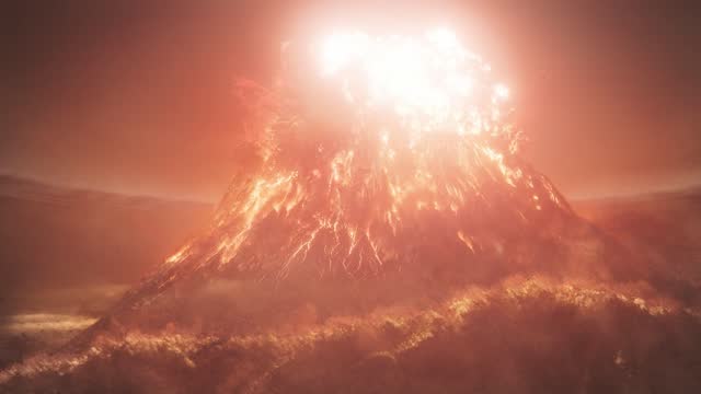 Closeup of amazing volcanic eruption and explosion shock waves, air pollution