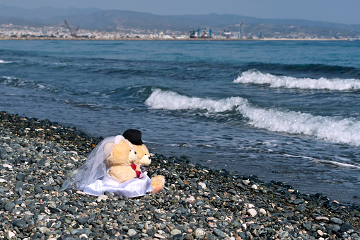 Bride and groom teddy bears sitting on stone beach in front of wavy sea