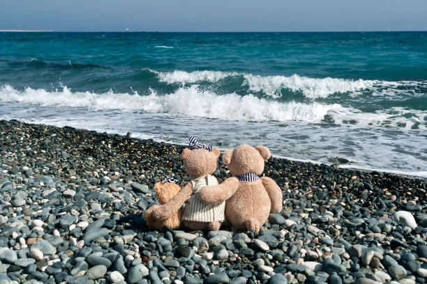 Teddy bear family sitting on the beach in front of wavy sea