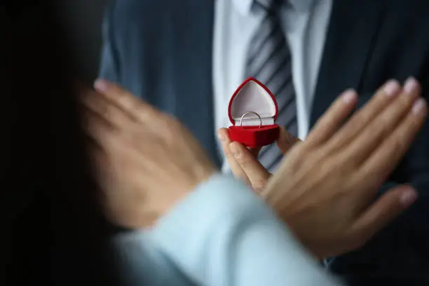 Photo of Woman refusing wedding ring in red box closeup