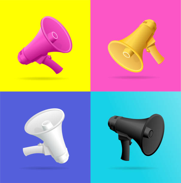 ilustraciones, imágenes clip art, dibujos animados e iconos de stock de conjunto de megáfonos 3d detallado realista. vector - phone horn