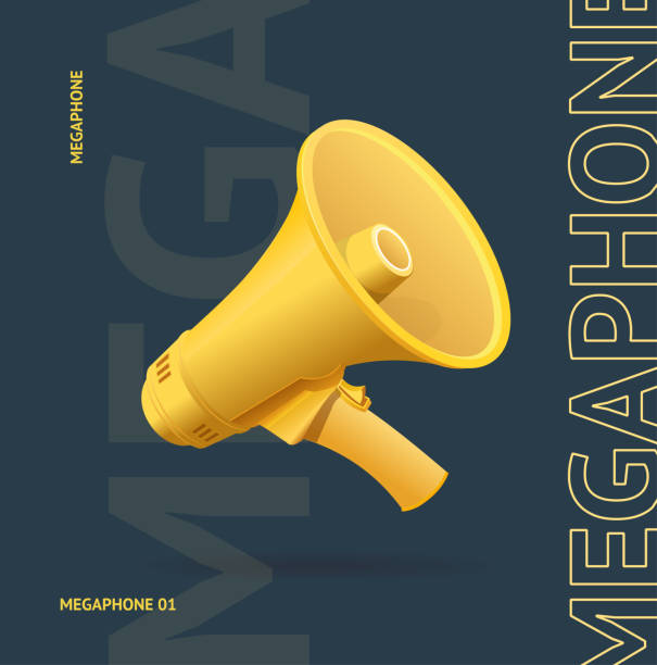 Realistic Detailed 3d Megaphone Advertising Concept Banner Card. Vector Realistic Detailed 3d Megaphone Advertising Concept Banner Card on a Black Symbol of Warning and Attention Message. Vector illustration concentration stock illustrations