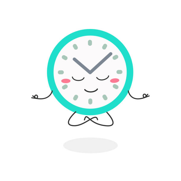 Calm cartoon clock levitating in lotus pose Cute calm cartoon clock levitating in lotus pose. Vector flat illustration isolated on white background clock wall clock face clock hand stock illustrations
