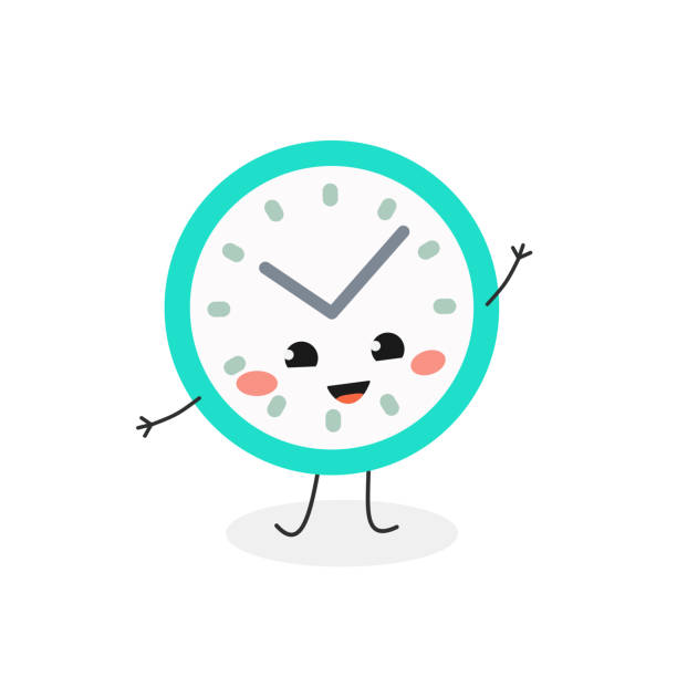 urocza zabawna postać zegara z kreskówek machając ręką - clock wall clock face clock hand stock illustrations