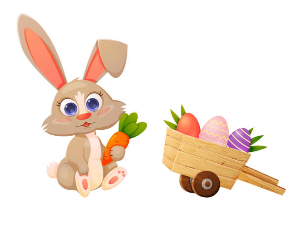 ilustrações, clipart, desenhos animados e ícones de coelhinho de páscoa bonito com cenoura. carrinho com ovos de páscoa. - easter rabbit easter bunny cartoon