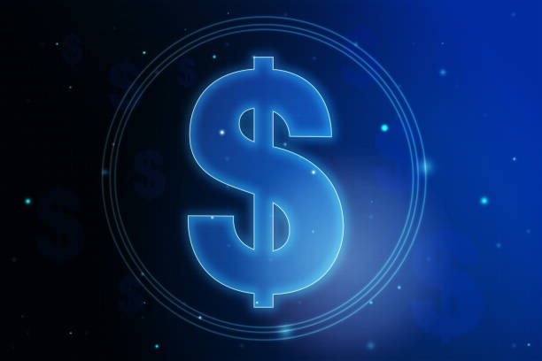 istock Blue glowing dollar symbol in transparent circle on abstract technology background, financial concept 1305347074