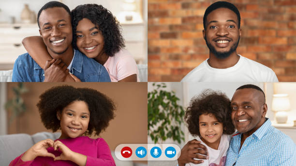 istock Online conference. Screen with positive black family making group video call, communicating to each other on webcam 1305347453