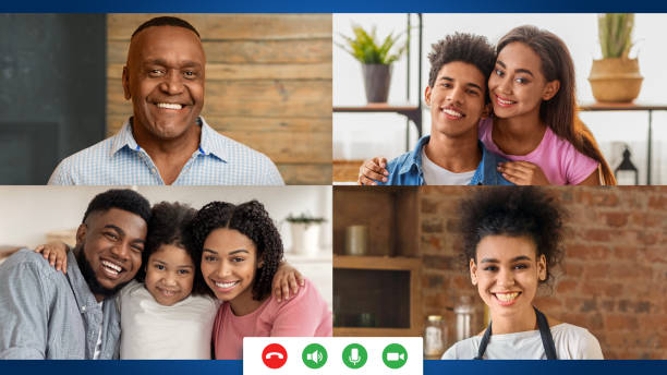 istock Monitor screen with family members of different ages having group video chat, speaking to each other via internet 1305348055