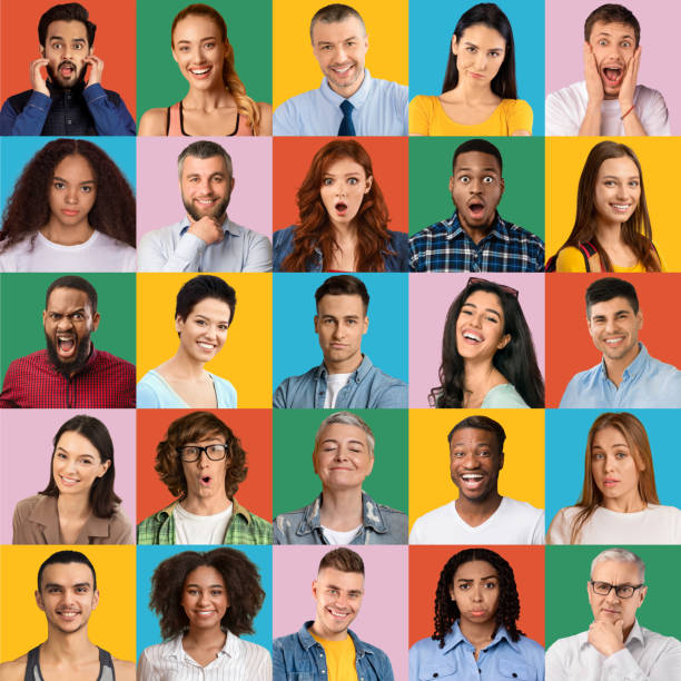 istock Collage of diverse people expressing different emotions, mosaic set 1305349516