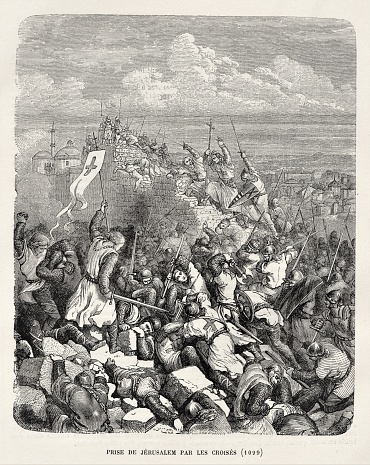 Crusaders capture Jerusalem, Israel, in violent hand-to-hand combat. History. Illustration published in Cent Recits: D’Histoire De France by Gustave DuCourdray (Librairie Hachette, Paris) in 1887.