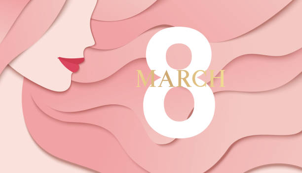 istock Happy Womens Day background. 8 march design template with woman face profile and greeting text. Girl with long pink hair. 1305351111