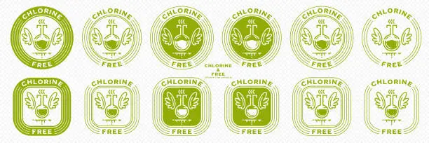 Vector illustration of Concept for product packaging. Labeling - chlorine free. Chemical flask icon with chlok, vapor and liquid line with wings - a symbol of freedom from the ingredient. Vector set.