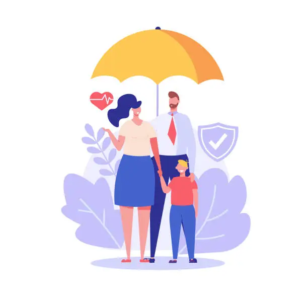 Vector illustration of Family under umbrella. Concept of life insurance, protection of health and life of children for travel or vacation. Healthcare and medical service. Vector illustration in flat design