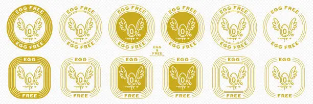 Vector illustration of A set of conceptual stamps for packaging products. Labeling - no eggs added. Stamp with a flat icon of an egg with wings - a symbol of the liberated, free. The product is free of absorbable ingredient. Vector grouped elements.