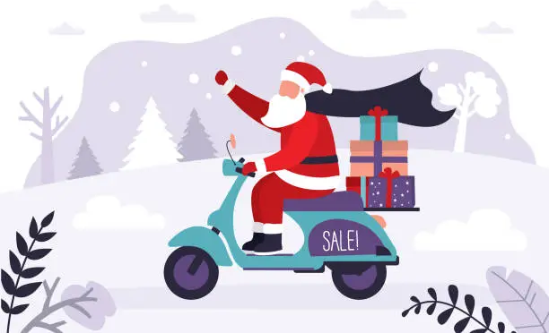 Vector illustration of Santa Claus delivers gifts on motorbike. Santa claus carrying presents for christmas and new year. Grandfather on motorcycle with present boxes