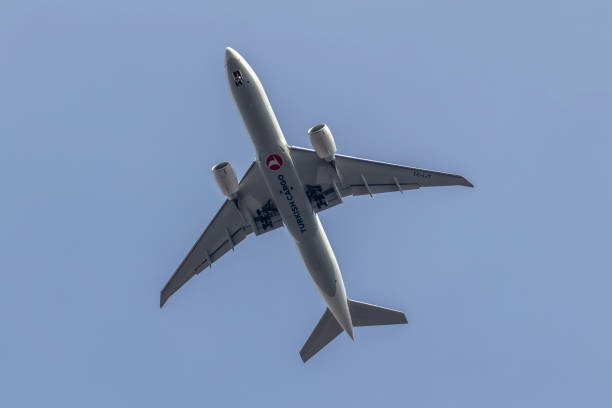 ISTANBUL, TURKEY - JANUARY 8, 2021. Turkish Cargo plane in the sky. Turkish Airlines.
