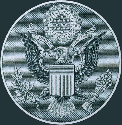Great Seal of the United States obverse from the back of a one dollar bill. The Bald Eagle carries a ribbon with E pluribus unum, thirteen arrows and an olive branch, with a glory Or with 13 stars.