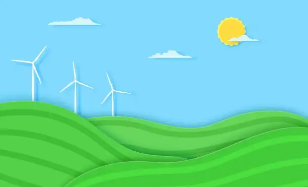 Vector illustration of Agriculture field with hills and windmill eco energy in paper cut style. 3d farm landscape with green waves and blue sky. Creative vector illustration ecology and environment conservation concept.