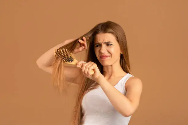 Annoyed young woman having problem brushing her long hair on brown studio background. Irritated millennial lady trying to untangle her disheveled locks. Hairdressing services concept