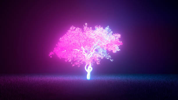 Concept art on the theme of nature pollution and radiation waste. Glowing neon pink and blue tree lights on a dark background. 3d illustration Concept art on the theme of nature pollution and radiation waste. Glowing neon pink and blue tree lights on a dark background. 3d illustration electromagnetic photos stock pictures, royalty-free photos & images
