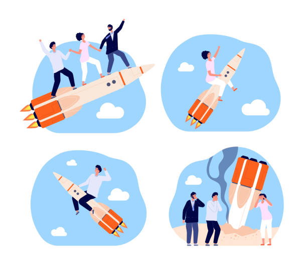 istock Business startup. Bankruptcy characters, rocket high launch strategy. Corporate teamwork, team fail and success start up utter vector metaphors 1305358150