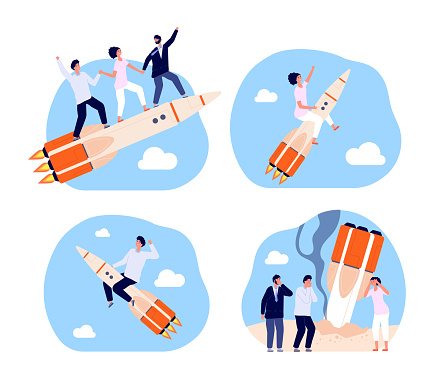 Business startup. Bankruptcy characters, rocket launch strategy. Corporate teamwork, team fail and success start up vector metaphors. Illustration rocket launch startup, businessman team bankruptcy