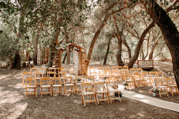 lugar rústico vintage en el bosque de eucaliptos.  ceremonia rústica al aire libre de madera. - wedding venue fotografías e imágenes de stock