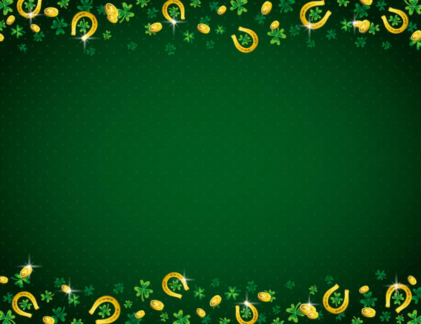 grüner patrick s day hintergrund mit rahmen mit goldenen hufeisen und klee. patricks day design. nahtloses muster. kann für tapete, web, schrott buchung, vektor-illustration verwendet werden. - irish culture st patricks day backgrounds clover stock-grafiken, -clipart, -cartoons und -symbole