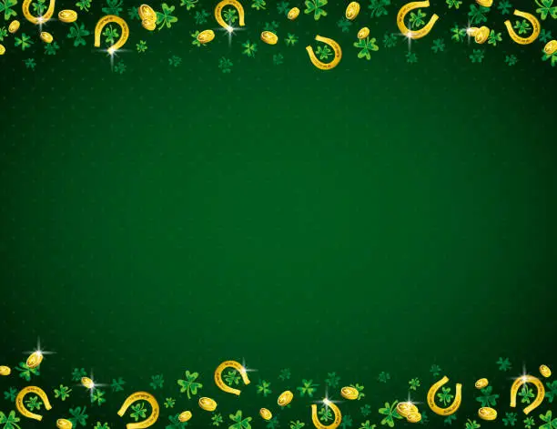 Vector illustration of Green Patrick's Day background with frame with golden horseshoes and clovers. Patrick's Day design. Seamless Pattern. Can be used for wallpaper, web, scrap booking, vector illustration.