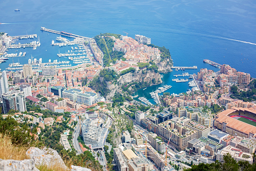 Aerial view of Monaco from La Turbie hill, view of the french Riviera in the summer