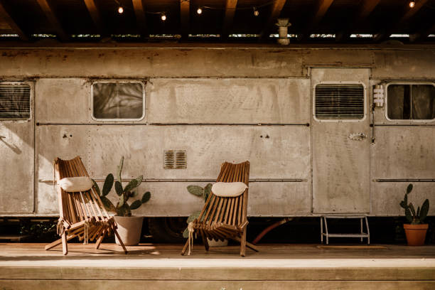 istock Restored american camper trailer with porch 1305362021