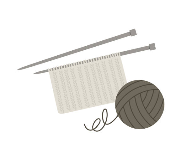 Vector illustration of a knitting thread and a knitted piece of fabric on the needle. Vector illustration of a knitting thread and a knitted piece of fabric on the needle. Hand-drawn illustration in flat style isolated on white background. Knitting hobby concept. knitting needle stock illustrations