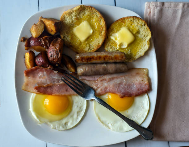 istock breakfast plate of eggs, bacon sausage and muffins, 1305362431