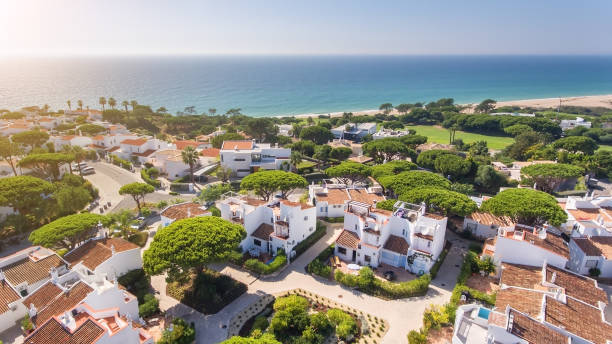 Aerial, aldeia Vale de Lobo, Algarve, Portugal on a sunny day. An ideal city in Europe to spend your holidays. stock photo