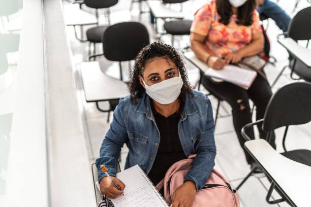 istock Portrait of a student studying in classroom - wearing face mask 1305362775