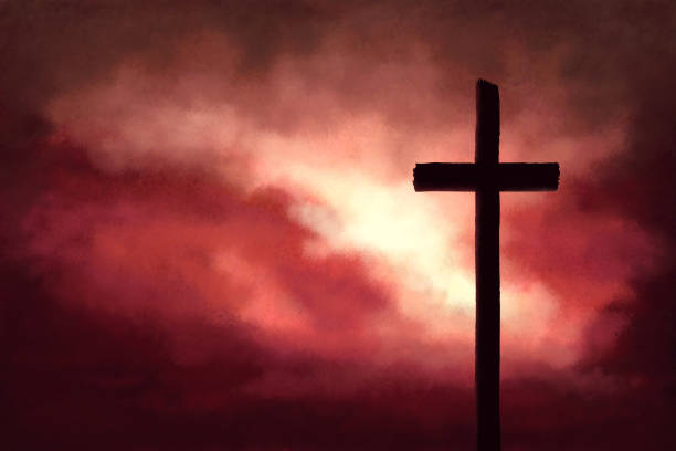 sfondo alba rosso e giallo con croce religiosa - calvario gerusalemme illustrazioni foto e immagini stock