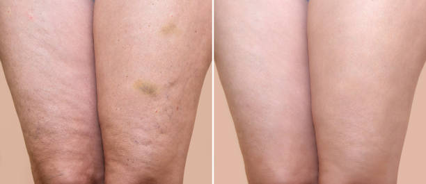 Thighs of a woman before and after medical treatment Thighs of a woman with cellulite and bruises before and after medical treatment. Close-up. cellulite stock pictures, royalty-free photos & images