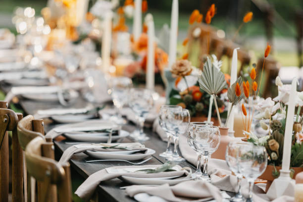 istock Boho rustic modern guest table design, wedding ceremony outdoor, catering and organization 1305367565