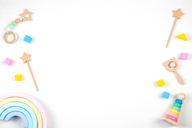 istock Baby kids toys frame on white background. Top view. Flat lay. Copy space for text 1305369407