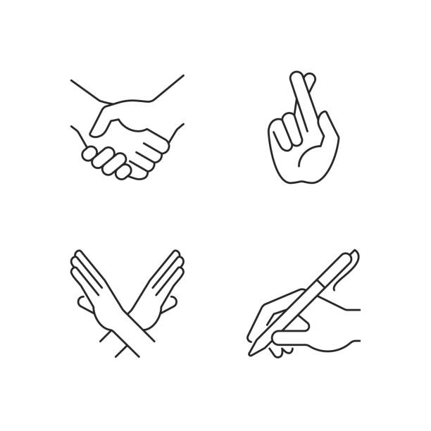 Hand gestures linear icons set Hand gestures linear icons set. Business deal, handshake. Crossed arms and fingers. Body language. Customizable thin line contour symbols. Isolated vector outline illustrations. Editable stroke hand clipart stock illustrations